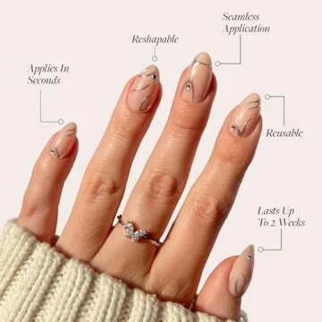 Glamnetic Press On Nails - Astro | Semi-Transparent 3D Metallic Silver Swirl Short Almond Fake Nails in a Glossy Finish | 15 Sizes - 30 Nail Kit with Glue