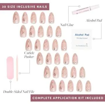 Glamnetic Press On Nails - Astro | Semi-Transparent 3D Metallic Silver Swirl Short Almond Fake Nails in a Glossy Finish | 15 Sizes - 30 Nail Kit with Glue