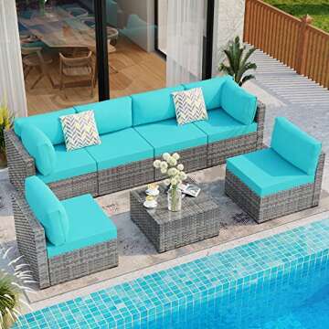Shintenchi 7 Pieces Outdoor Patio Sectional Sofa Couch, Silver Gray PE Wicker Furniture Conversation Sets with Washable Cushions & Glass Coffee Table for Garden, Poolside, Backyard (Sky Blue)