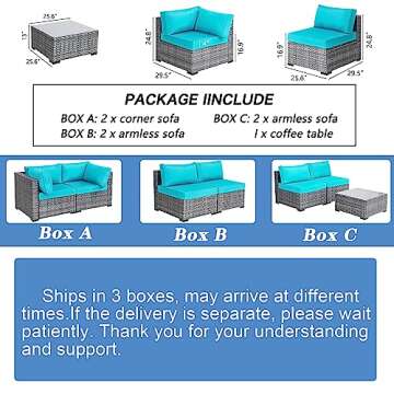 Shintenchi 7 Pieces Outdoor Patio Sectional Sofa Couch, Silver Gray PE Wicker Furniture Conversation Sets with Washable Cushions & Glass Coffee Table for Garden, Poolside, Backyard (Sky Blue)