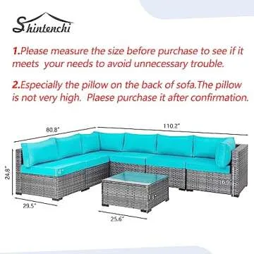 Shintenchi 7 Pieces Outdoor Patio Sectional Sofa Couch, Silver Gray PE Wicker Furniture Conversation Sets with Washable Cushions & Glass Coffee Table for Garden, Poolside, Backyard (Sky Blue)