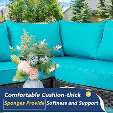 Shintenchi 7 Pieces Outdoor Patio Sectional Sofa Couch, Silver Gray PE Wicker Furniture Conversation Sets with Washable Cushions & Glass Coffee Table for Garden, Poolside, Backyard (Sky Blue)