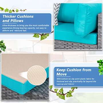 Shintenchi 7 Pieces Outdoor Patio Sectional Sofa Couch, Silver Gray PE Wicker Furniture Conversation Sets with Washable Cushions & Glass Coffee Table for Garden, Poolside, Backyard (Sky Blue)