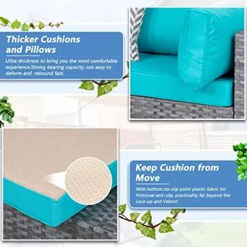 Shintenchi 7 Pieces Outdoor Patio Sectional Sofa Couch, Silver Gray PE Wicker Furniture Conversation Sets with Washable Cushions & Glass Coffee Table for Garden, Poolside, Backyard (Sky Blue)