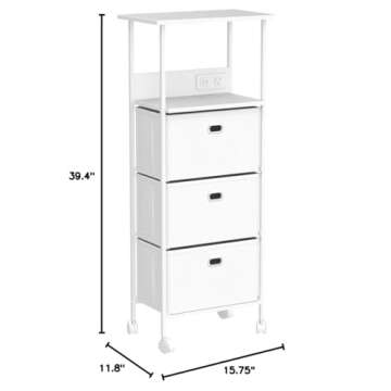 Dormify Storage Drawers Organizer on Wheels with Charging Station and USB Ports, Fabric Drawers for Clothes Storage Tower, Nightstand with Drawer Tower Organizer | Tall Skinny Dresser Closet | White