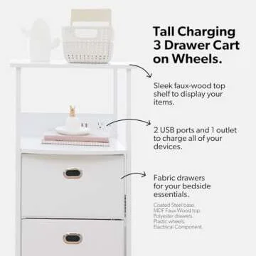 Dormify Storage Drawers Organizer on Wheels with Charging Station and USB Ports, Fabric Drawers for Clothes Storage Tower, Nightstand with Drawer Tower Organizer | Tall Skinny Dresser Closet | White