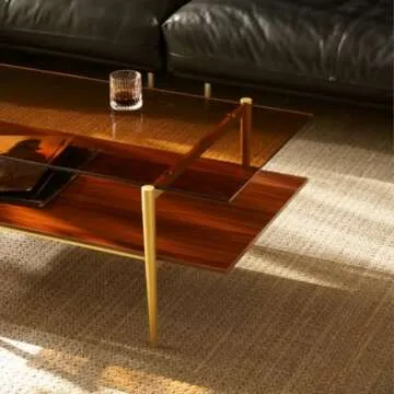 Saint Mossi Tadio Double Layer Glass Coffee Table for Living Room, Brown Glass & Coffee Brown MDF Bottom Shelf
