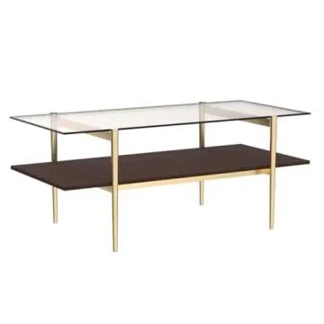 Saint Mossi Tadio Double Layer Glass Coffee Table for Living Room, Brown Glass & Coffee Brown MDF Bottom Shelf