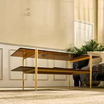 Saint Mossi Tadio Double Layer Glass Coffee Table for Living Room, Brown Glass & Coffee Brown MDF Bottom Shelf