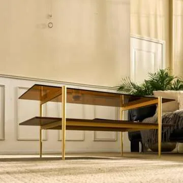Saint Mossi Tadio Double Layer Glass Coffee Table for Living Room, Brown Glass & Coffee Brown MDF Bottom Shelf