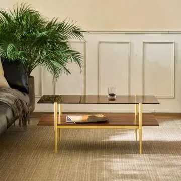 Saint Mossi Tadio Double Layer Glass Coffee Table for Living Room, Brown Glass & Coffee Brown MDF Bottom Shelf