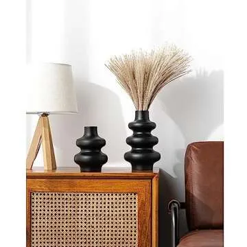 Steviieden Black Ceramic Vase Set of 2,Modern Dried Flowers Vase Boho Donut Modern Vase Nordic Minimalist Decorative Vase for Modern Trendy Home Table Centerpiece Coffee Table Decor Vase