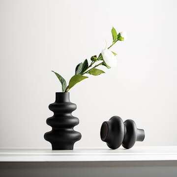 Steviieden Black Ceramic Vase Set of 2,Modern Dried Flowers Vase Boho Donut Modern Vase Nordic Minimalist Decorative Vase for Modern Trendy Home Table Centerpiece Coffee Table Decor Vase