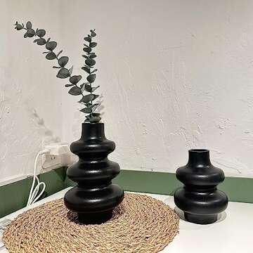 Steviieden Black Ceramic Vase Set of 2,Modern Dried Flowers Vase Boho Donut Modern Vase Nordic Minimalist Decorative Vase for Modern Trendy Home Table Centerpiece Coffee Table Decor Vase