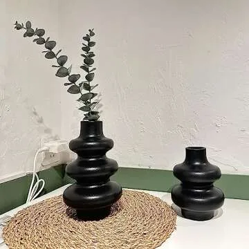 Steviieden Black Ceramic Vase Set of 2,Modern Dried Flowers Vase Boho Donut Modern Vase Nordic Minimalist Decorative Vase for Modern Trendy Home Table Centerpiece Coffee Table Decor Vase