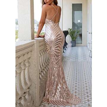 Ohvera Women's Spaghetti Strap Sequined V Neck Party Cocktail Evening Prom Gown Mermaid Maxi Long Dress Gold Large