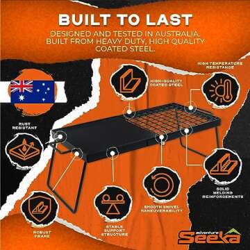 Adventure Seeka 24" Heavy Duty Folding Campfire Grill, Compact Folding Design, Grill Grate & Griddle for Campfire Cooking, Australian Owned