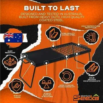 Adventure Seeka 24" Heavy Duty Folding Campfire Grill, Compact Folding Design, Grill Grate & Griddle for Campfire Cooking, Australian Owned