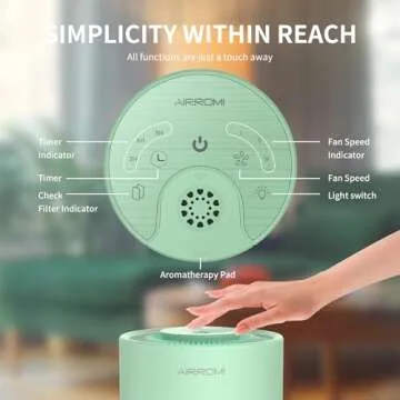 AIRROMI Air Purifier for Bedroom with HEPA 3-in-1 Filter, Pet Air Purifier for Home Cat Pee Smell, Covers Upto 990 Ft², Quiet 360°intake Air Cleaner for pet hair,allergies,Dust,Smoke A2001 Green