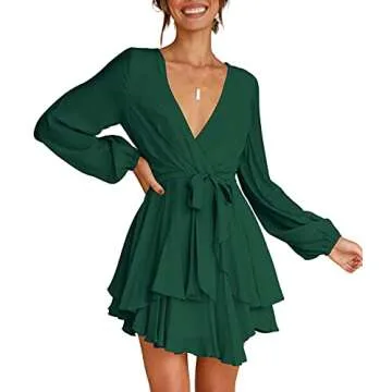 V-Neck Long Sleeve Tie Waist Dress for Women