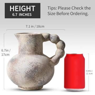 Antique Flower Ceramic Vase with Handle, Vintage Pitcher Terracotta Vase, Boho Decor Farmhouse Stone Pottery Vase, Rustic Decorative Vase for Home Decor, Table, Living Room, Mantel, Wedding, 6.9 Inch