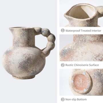 Antique Flower Ceramic Vase with Handle, Vintage Pitcher Terracotta Vase, Boho Decor Farmhouse Stone Pottery Vase, Rustic Decorative Vase for Home Decor, Table, Living Room, Mantel, Wedding, 6.9 Inch