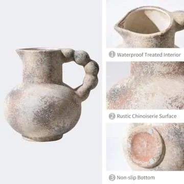 Antique Flower Ceramic Vase with Handle, Vintage Pitcher Terracotta Vase, Boho Decor Farmhouse Stone Pottery Vase, Rustic Decorative Vase for Home Decor, Table, Living Room, Mantel, Wedding, 6.9 Inch