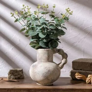 Antique Flower Ceramic Vase with Handle, Vintage Pitcher Terracotta Vase, Boho Decor Farmhouse Stone Pottery Vase, Rustic Decorative Vase for Home Decor, Table, Living Room, Mantel, Wedding, 6.9 Inch