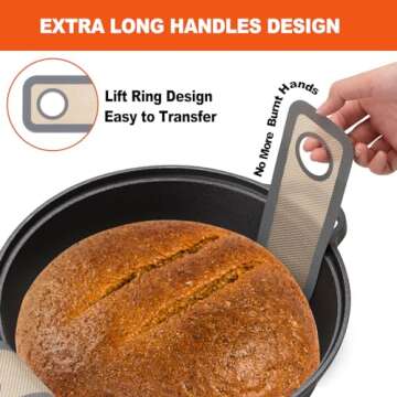 Silicone Bread Sling Dutch Oven - Best Japan Silicone. Non-Stick & Easy Clean Reusable Silicone Bread Baking Mat. With Extra Long Handles Bread Baking Sheet Liner, 2 Grey Set for Transferable Dough