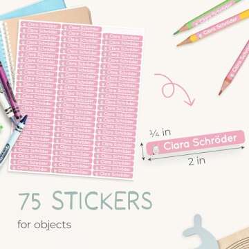 melu kids® Personalized Name Labels for Kids in School & Daycare (75) - Stick on Name Stickers (2.0” x 0.3”) for Pencils and Other School Supplies - Washable in Dishwasher - Pink