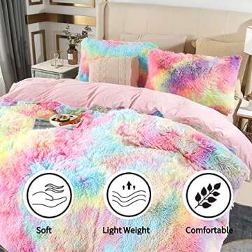 RYNGHIPY 3Pcs Rainbow Girls Bedding Sets Twin Size Ultra Soft Long Hair Plush Shaggy Duvet Cover wit...
