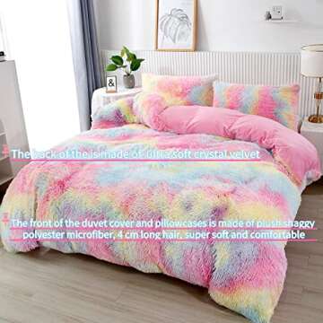 RYNGHIPY 3Pcs Rainbow Girls Bedding Sets Twin Size Ultra Soft Long Hair Plush Shaggy Duvet Cover with Pillowcases Colorful Tie Dye Bedding Set with Hidden Zipper Closure (Colorful Pink,Twin)