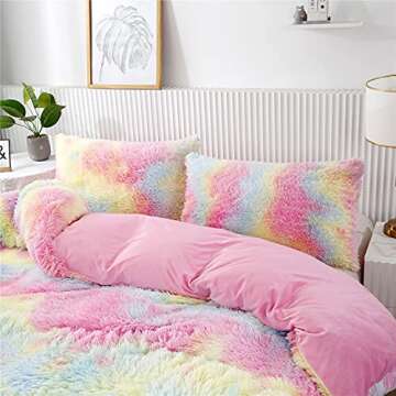 RYNGHIPY 3Pcs Rainbow Girls Bedding Sets Twin Size Ultra Soft Long Hair Plush Shaggy Duvet Cover with Pillowcases Colorful Tie Dye Bedding Set with Hidden Zipper Closure (Colorful Pink,Twin)