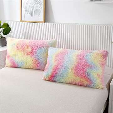 RYNGHIPY 3Pcs Rainbow Girls Bedding Sets Twin Size Ultra Soft Long Hair Plush Shaggy Duvet Cover with Pillowcases Colorful Tie Dye Bedding Set with Hidden Zipper Closure (Colorful Pink,Twin)