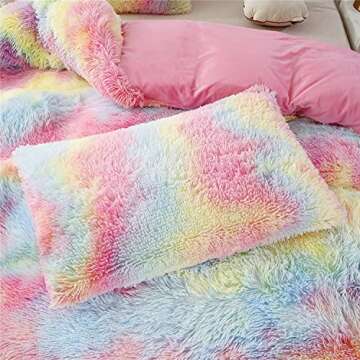 RYNGHIPY 3Pcs Rainbow Girls Bedding Sets Twin Size Ultra Soft Long Hair Plush Shaggy Duvet Cover with Pillowcases Colorful Tie Dye Bedding Set with Hidden Zipper Closure (Colorful Pink,Twin)