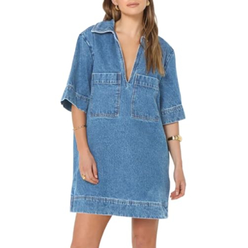 Fisoew Women's Casual Denim Shirt Dress - Light Blue V Neck with Pockets