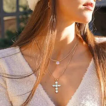 NUZON Rainbow Moonstone Cross Necklace for Women Oval White Gemstone Pendant Necklace Adjustable 18K Gold Plated Box Chain June Birthstone Statement Charm Necklace Holy Jewelry 18’’
