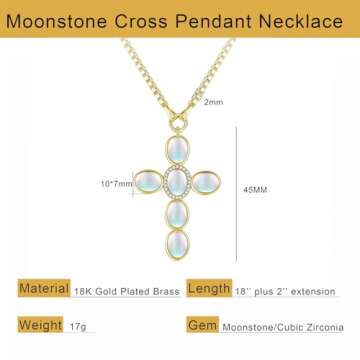 NUZON Rainbow Moonstone Cross Necklace for Women Oval White Gemstone Pendant Necklace Adjustable 18K Gold Plated Box Chain June Birthstone Statement Charm Necklace Holy Jewelry 18’’