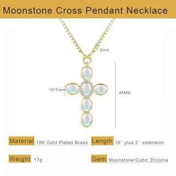 NUZON Rainbow Moonstone Cross Necklace for Women Oval White Gemstone Pendant Necklace Adjustable 18K Gold Plated Box Chain June Birthstone Statement Charm Necklace Holy Jewelry 18’’
