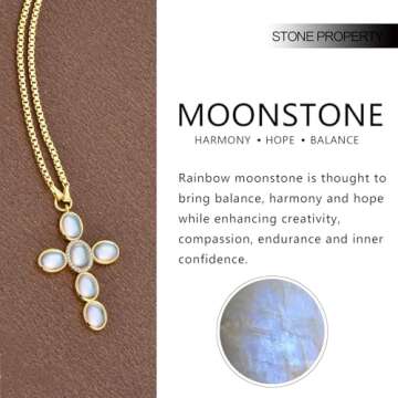 NUZON Rainbow Moonstone Cross Necklace for Women Oval White Gemstone Pendant Necklace Adjustable 18K Gold Plated Box Chain June Birthstone Statement Charm Necklace Holy Jewelry 18’’