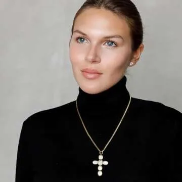 NUZON Rainbow Moonstone Cross Necklace for Women Oval White Gemstone Pendant Necklace Adjustable 18K Gold Plated Box Chain June Birthstone Statement Charm Necklace Holy Jewelry 18’’