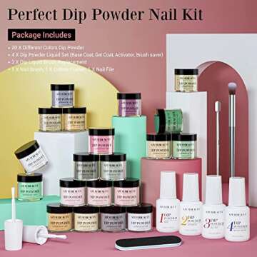 20 Colors Dip Powder Nail Kit Starter, AZUREBEAUTY Nude Sparkle Glitter Dipping Powder System Essential Liquid Set with Base & Top Coat/Brush Saver for French Nails Art Manicure DIY Salon