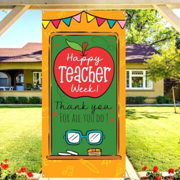 Sunwer Happy Teacher Week Door Cover May Thank You Teachers Decoration School Classroom Front Porch Sign Backdrop Banner