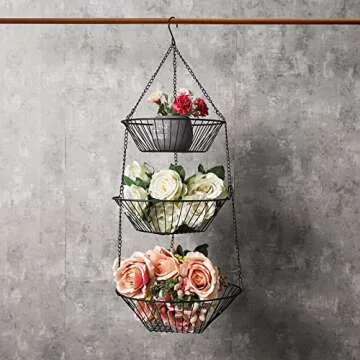 JUNCHU CHERRY 3-Tier Kitchen Wire Storage Basket Hanging Basket Fruit Storage