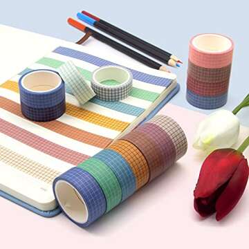 Grid Washi Tape Set - 27 Rolls of 15 mm Wide Decorative Masking Tapes for Bullet Journals Supplies, DIY Decor Planners, Scrapbooking Adhesive School/Party Supplies