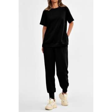 PRETTYGARDEN Women's Summer 2 Piece Outfit Tracksuits Casual Short Sleeve Tops High Waisted Sweatpants Set (Black,Large)