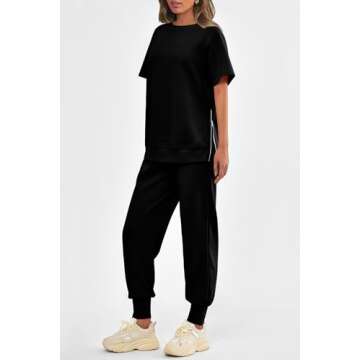 PRETTYGARDEN Women's Summer 2 Piece Outfit Tracksuits Casual Short Sleeve Tops High Waisted Sweatpants Set (Black,Large)
