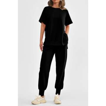 PRETTYGARDEN Women's Summer 2 Piece Outfit Tracksuits Casual Short Sleeve Tops High Waisted Sweatpants Set (Black,Large)