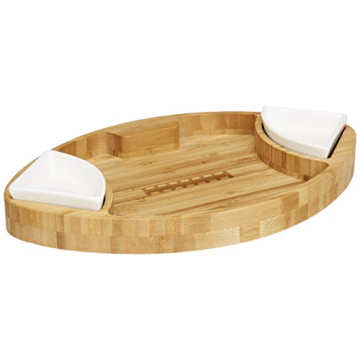 Prairie Collections Football Shaped Bamboo Serving Tray (10" x 16" x 2.5") Includes 2 Dip Trays - La...
