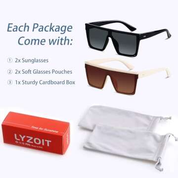 LYZOIT Square Oversized Sunglasses for Women Men Big Flat Top 2 pack Fashion Shield Large UV Protection Rimless Shade Beige Cream Sun glasses